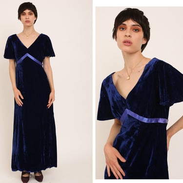 Vintage 1970s 70s Royal Blue Velvet Full Length Empire Waist Gown Maxi Dress w/ V Neckline Low Back Bow Ribbon Detail 