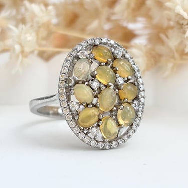 Chrysoberyl Multi gemstone Prong Set Oval Shaped Vintage Halo Style Straight Shank Sterling Silver Ring - sz 7.5 