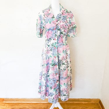 80s Floral White and Pastel Garden Party Shirt Dress | Medium 