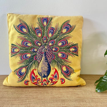Vintage Throw Pillow - Quilted Peacock Accent Pillow - Red Pink Periwinkle with Yellow Background - Boho Decor 