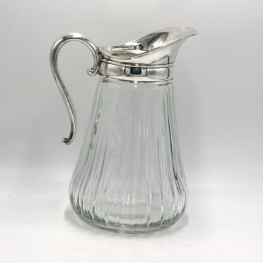 vintage water pitcher ribbed glass with silver plate handle and ice lip 