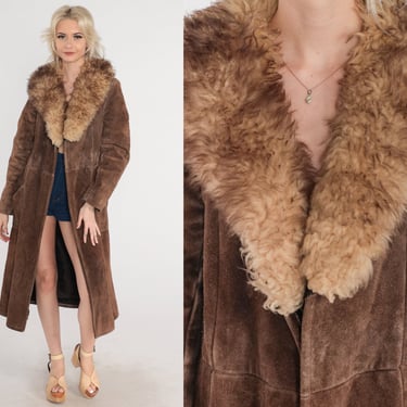 70s Suede Coat Brown Shearling Leather Jacket Boho Penny Lane Almost Famous Hippie Jacket Bohemian Open Front Vintage 1970s Small 