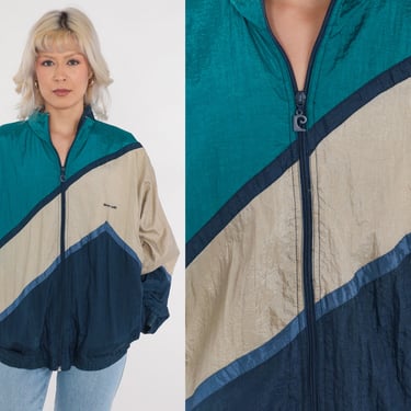 Pierre Cardin Jacket 90s Color Block Windbreaker Zip Up Retro Blue Green Tan Striped Lightweight Shell Streetwear Vintage 1990s Mens Medium 
