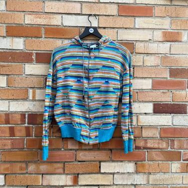vintage missoni sport blue abstract striped knit zip up jacket / l large 