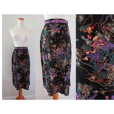 Vintage 70s Floral Skirt Midi High Waisted Belted Butterfly Boho Bohemian Skirt - Size XS 