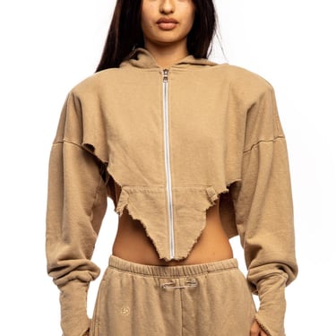 V CUT ZIP-UP HOODIE IN TAUPE TERRY