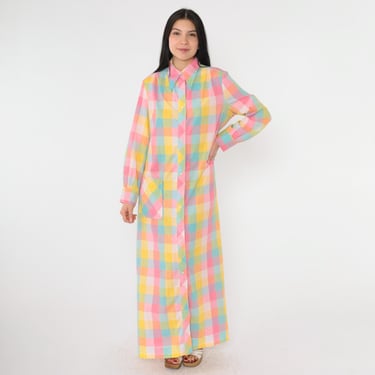 Vintage Bright Plaid Maxi Dress 70s Lounge Snap Up Long Sleeve Lightweight House Dress Pink Yellow Blue Shift Pocket Dynasty Medium Large 