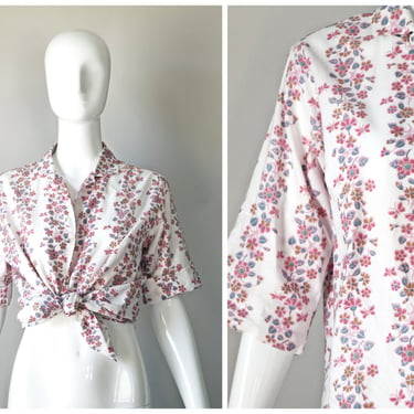 vtg 1970s Lady Manhattan western white + pink floral print button down cotton shirt | 1970s | size 16 | short sleeve rodeo cowgirl cowboy 