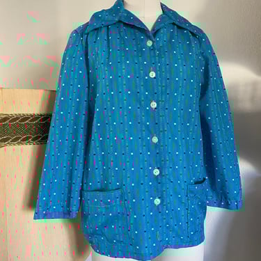 Vintage 70s Op Art Blouse with Wingtip Collar; 80s Psychedelic Abstract Polka Dot Blouse with Geometric Squares 