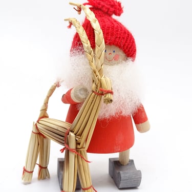 Vintage Swedish Santa with Straw Reindeer, Hand Painted Wood for Christmas, Beard, Made in Sweden 
