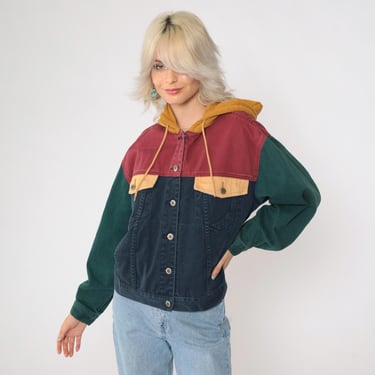 Y2K Color Block Jean Jacket Arizona Jean Jacket Vintage Colorblock Denim Hoodie 90s Hooded Button Up Red Blue Green Multicolor Medium 