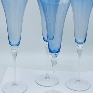 Lovely Vintage (4) Champagne Flute Glasses set Light Blue Clear Stems- Flared Bowl -  Nice Condition 