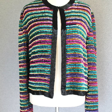 Rainbow Connection - Beaded Sequined - Rainbow Striped - Cocktail Jacket - by Nightline - Della Roufogali - Large 