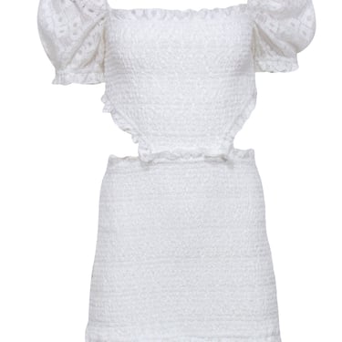 Lovers + Friends - White Smocked Mini Dress w/ Lace Puff Sleeves Sz M
