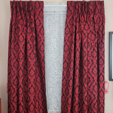 Vintage 1960's Pinch Pleat Curtains / 70s Red & Black Damask Print Drapes / 6 Panels 