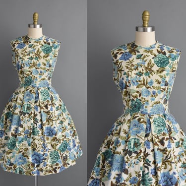 vintage 1950s dress | Blue Floral Print Cotton Summer Day Dress | Large | 50s dress 