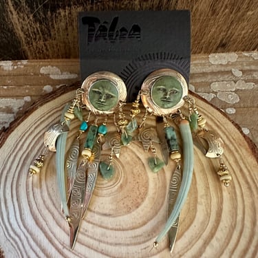 TABRA TURQUOISE MOON Earrings | 1980s 90s Sterling Silver Dangle Earrings | Turquoise Beads | 14k Gold Fill | Handmade 