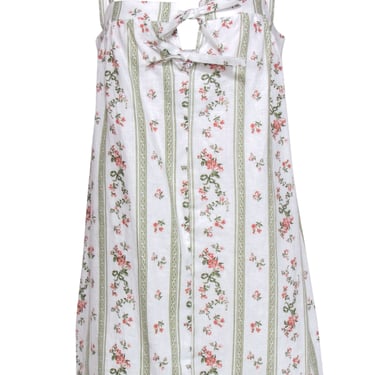 Reformation - White, Pink &amp; Green Striped &amp; Floral Print “Winifred” Linen Shift Dress Sz 8