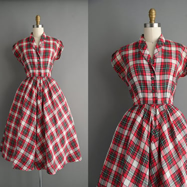vintage 1950s Pat Hartly Holiday Plaid Print Cotton Dress - XS Small 