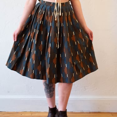 Vintage 1950s Brown Cotton Canvas Blocked Skirt S