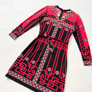 1970s Paganne Red + Black Print Jersey Knit Dress 