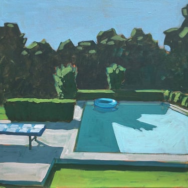 Pool #96 - Original Acrylic Painting on Canvas 14 x 14, landscape, poolscape, outside, summer, michael van, trees, water, blue, aqua, green 