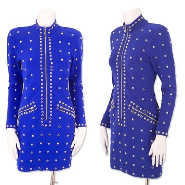 90s TADASHI studded dress sz S , vintage 1990s cobalt blue body con dress, vintage 90s designer, club dress, evening dress 