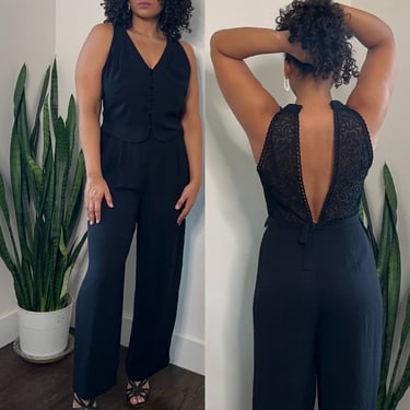 90s Halter Top Jumpsuit | Inky Black Wide Leg Jumpsuit | Vintage Laundry Jumpsuit | Size 12 Large 