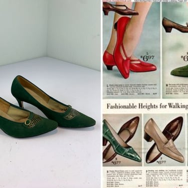 Walking Pleasures - Vintage 1950s 1960s Forest Green Nubuck Leather Shoes w/Reptile Buckle Detail - 7 1/2 