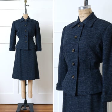 vintage 1950s women's tailored suit • nipped waist blazer & pencil skirt in checked blue wool 