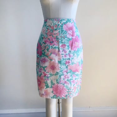Bright Pink and Green Floral Print Mini Skirt - 1980s 
