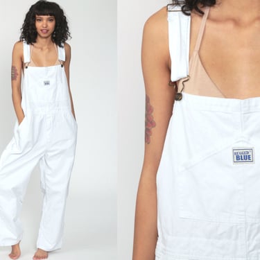 White Cotton Overalls 90s Grunge Baggy Suspender Pants Normcore Long 1990s Cargo Utility Workwear Vintage Dungarees Medium Large 