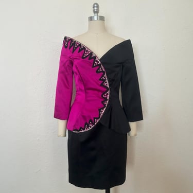 1990s BOB MACKIE Hot Pink and Black Silk Suit, Extra Small to Small | 90s Vintage Rhinestone Embroidered Skirt and Jacket (XS, S, 34-24-36) 