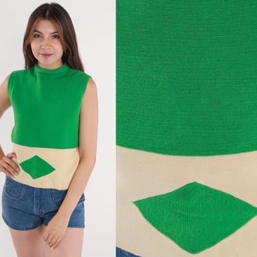 60s Tank Top Green Wool Geometric Color Block Blouse Retro Knit Sleeveless Shirt Mock Neck Mod Blouse Jackie O Vintage 1960s Cream Small S 