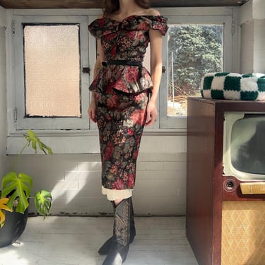 80’s vintage floral lurex bustier blouse and skirt set 
