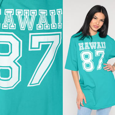 1987 Hawaii TShirt 87 Number Shirt Sports Athletic 80s Tshirt Football Vintage 1980s Turquoise Birth Year Shirt Single Stitch Extra Large xl 