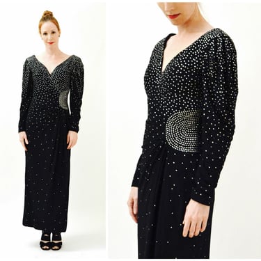 80s Vintage Black Evening Gown With Rhinestones Long Sleeves Medium Large by Rose Taft// Vintage Black Dress Metallic Pageant Dress Gown 
