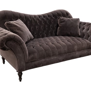 Hollywood Regency Style Tufted Grey Velvet Sofa 