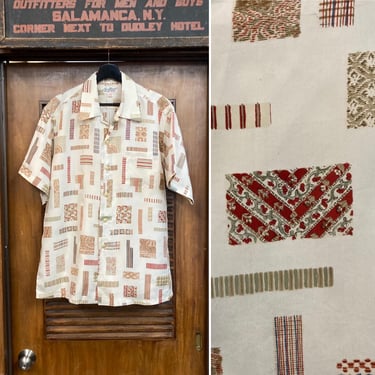 Vintage 1950’s Atomic Silk Loop Collar Rockabilly Hawaiian Shirt, Size L, Matching Pocket, 1950’s Shirt 