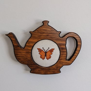 Vintage Wood Teapot Embroidered Butterfly Crewel Wall Art 