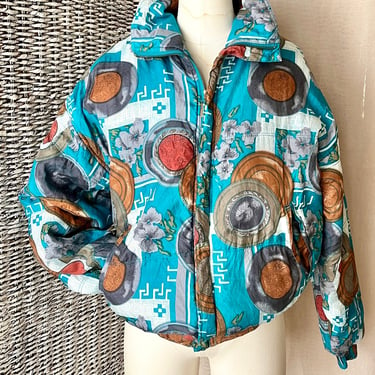 Silk Bomber Jacket, Asian Inspired Print, Medallions Print, Vintage 80s 90s, Zip Front, Pockets, Artistic Windbreaker 