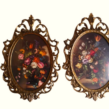 VINTAGE Pair of Italian Still Life Flowers, Italian Brass and Glass Frame Pictures, Home Decor 