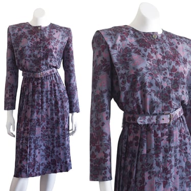 Vintage 1980s Purple Floral Dress with Belted and Pleated Skirt 