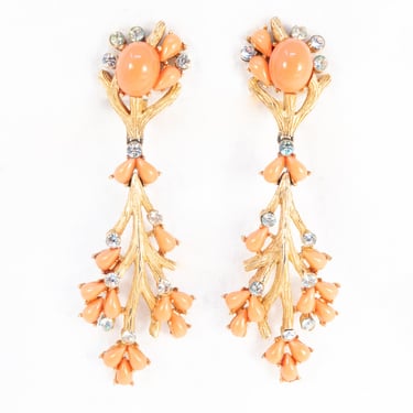 Trifari Faux Coral and Rhinestone Earrings