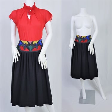 Giulliana 1980's Primary Color Suede Patchwork Belt Waist Black Rayon Full Skirt I Sz Med I Sz 40 