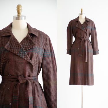 brown wool coat 70s 80s vintage burgundy brown plaid dark academia heavy warm wool belted jacket 