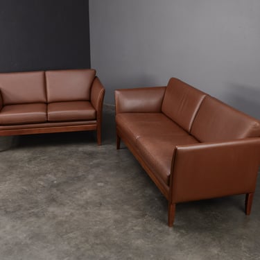 Sofa and Loveseat Set by Nielaus & Jeki Vintage Danish Modern Brown Leather 