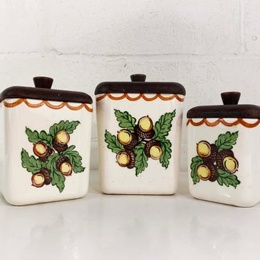 Vintage Canister Set Ceramic Wood Lids Mid-Century Kitchen Retro Hand Painted Canisters Acorns Fall Autumn Kitsch Cute 1960s 1950s 