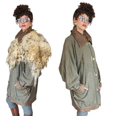 80s Jacques Saint Laurent Jacket Detachable Dyed Fur Cape +Tassels 