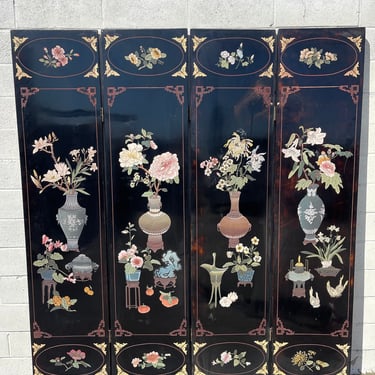 Antique Chinese 4 Panel Room Divider Privacy Screen Headboard Chinoiserie Bohemian Boho Chic Style Furniture Carved Wood Decorative Accent 